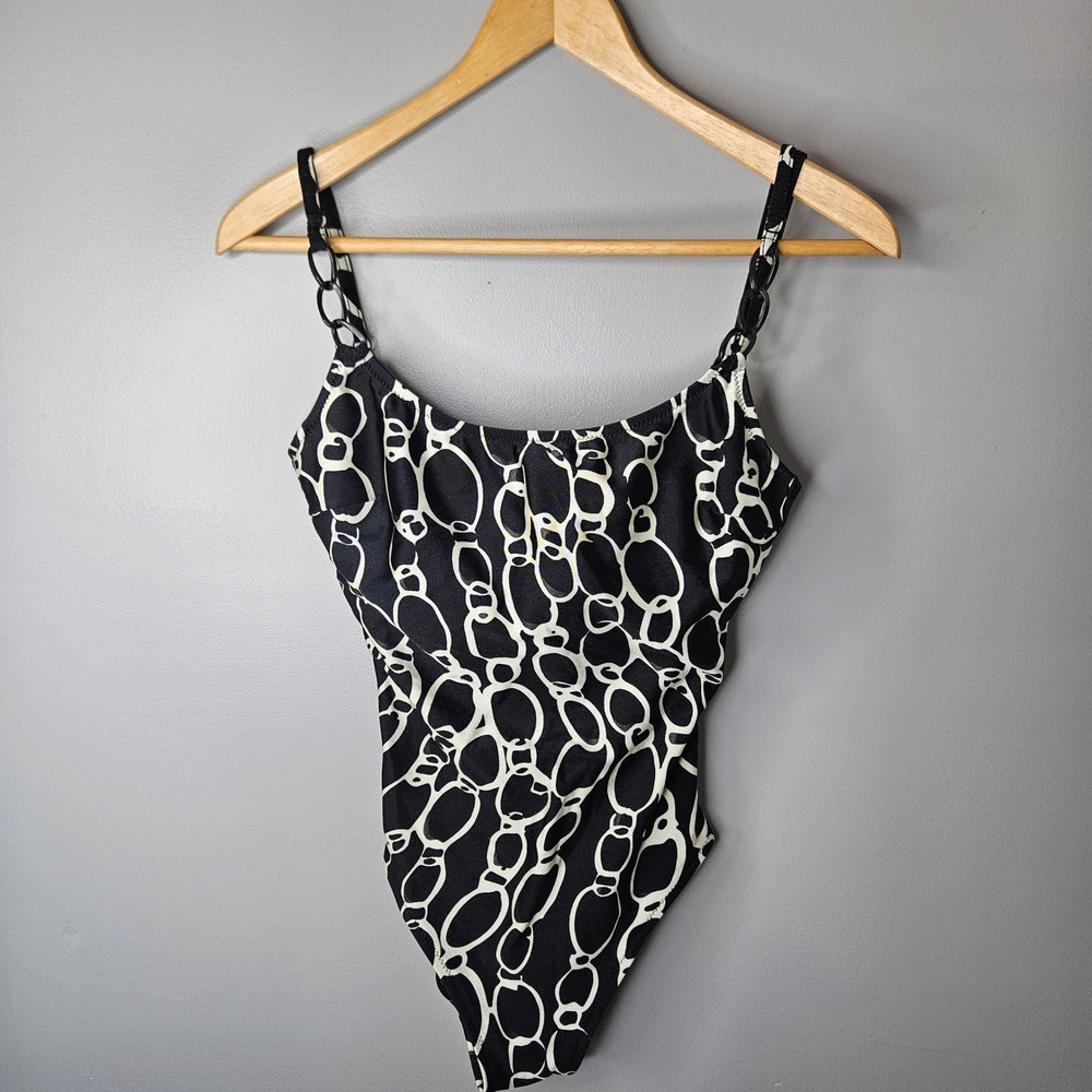 Gottex Womens Black White Chain Link One Piece Swimsuit Sz 12 Made in Israel